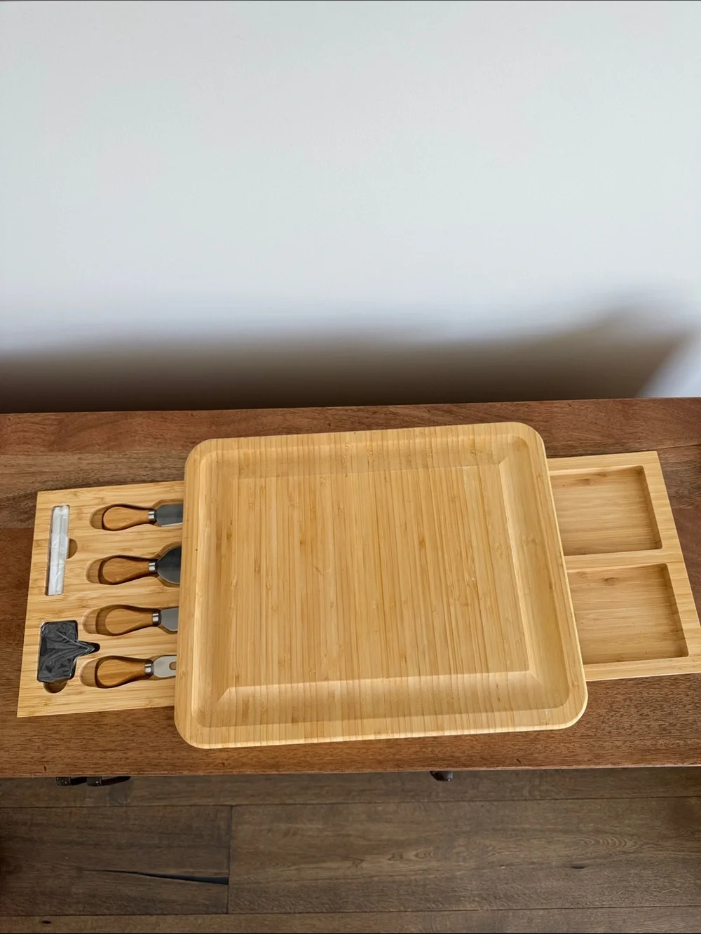 Royal House Bamboo Cheese Board and Knife Set with 2 Slide-Out Cutlery Drawers